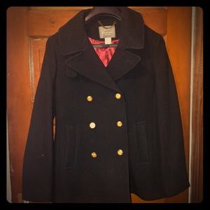 Warm casual gold accent button peacoat.